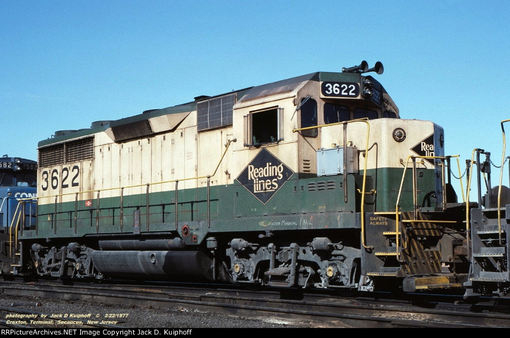 Reading, RDG 3622 GP35, at the ex-Erie Croxton engine terminal, Secaucus, New Jersey. February 22, 1977. 
